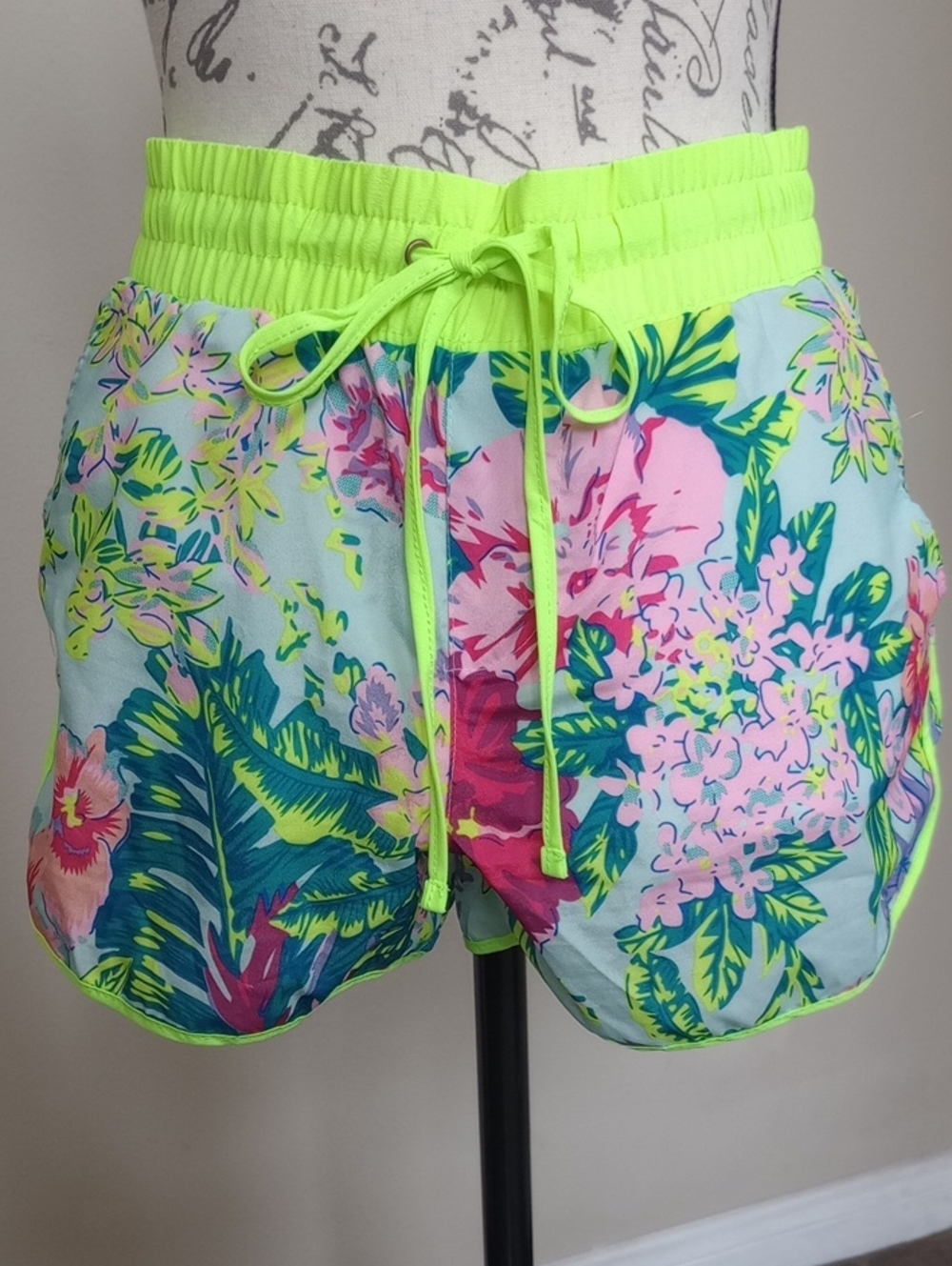 Vanilla Star Neon Trim Floral Beach Shorts - Turquoise, Pink, Lime